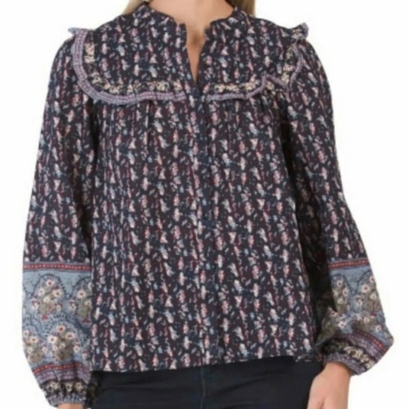 JOIE Floral Print Ruffled Button Down Peasant Blouse Blue Medium - Picture 1 of 10